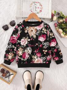 SHEIN 年轻女孩休闲舒适圆领花卉图案长袖黑色运动衫，秋冬 - 紅色 - 查看 1