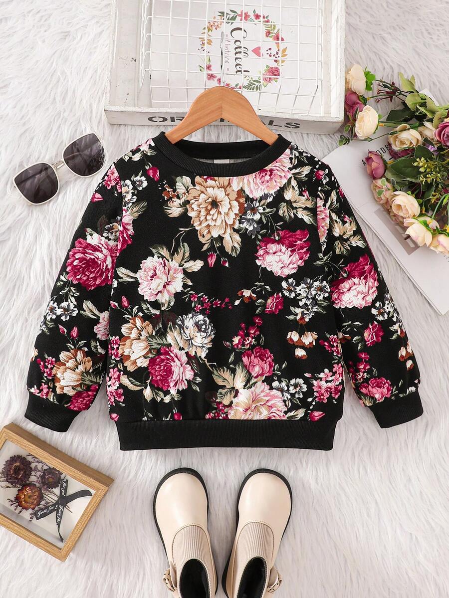 SHEIN 年轻女孩休闲舒适圆领花卉图案长袖黑色运动衫，秋冬 - 紅色 - 查看 1