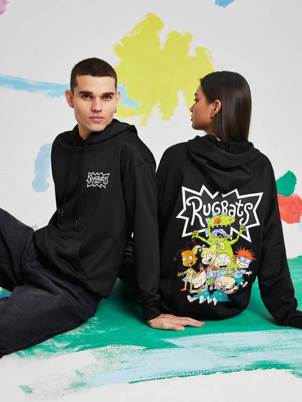 Nick 90s X SHEIN Sudadera con capucha negra de estilo informal y holgado con estampado gráfico, unisex