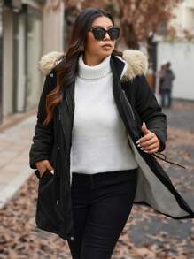 Calvaya Manteau matelassé casual à capuche à cordon de serrage en patchwork avec fausse fourrure pour femmes grandes tailles