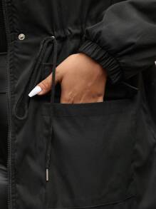 Calvaya 大码纯色前拉链长袖简约毛茸茸装饰连帽派克加厚外套，女士冬季服装 - 黑色 - 查看 3