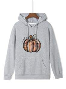 Pumpkin Print Kangaroo Pocket Drawstring Thermal Hoodie - Light Grey - View 3