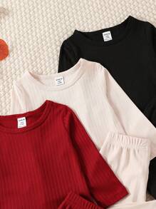 多件套组合装女婴针织圆领长袖上衣和长裤套装，多色