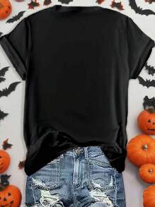 SHEIN LUNE 女士万圣节南瓜印花 T 恤 - 黑色 - 查看 2