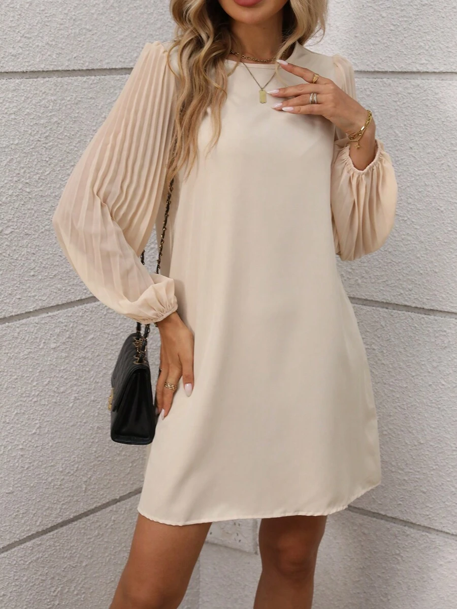 SHEIN Clasi 女士休闲纯色褶皱灯笼袖连衣裙，秋季 - 杏色 - 查看 1