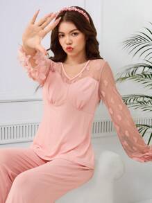 青少年女孩两件套睡衣套装，粉色简约时尚长袖上衣和裤子家居服 - 粉色 - 查看 5