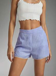 Denimoi Shorts de talle alto a rayas azules y blancas con ribete festoneado - Multicolor - Ver 1