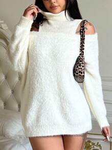 Flirla Plus Size Turtleneck Drop Shoulder Fluffy Sweater Knit Pullover Fall Winter - Beige - View 3