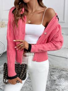SHEIN LUNE Women Contrast Trim Front Button Long Sleeve Knitted Cardigan
