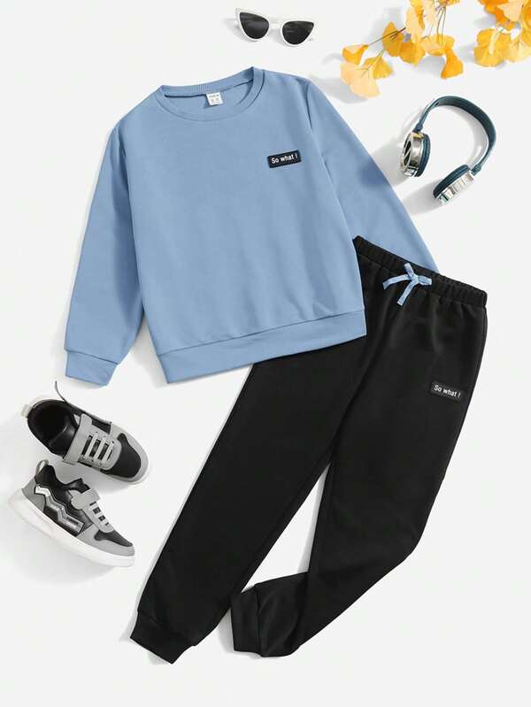 SHEIN 2 piezas Conjunto informal para niño preadolescente de sudadera de cuello redondo de manga larga de punto con detalles de parches y pantalón de chándal, otoño e invierno