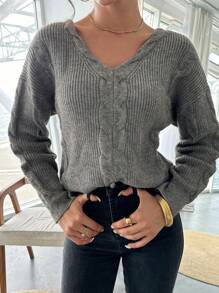 SHEIN Privé Women's V-Neck Cable Knit Long Sleeve Sweater, Casual Daily Wear - Grey - View 1