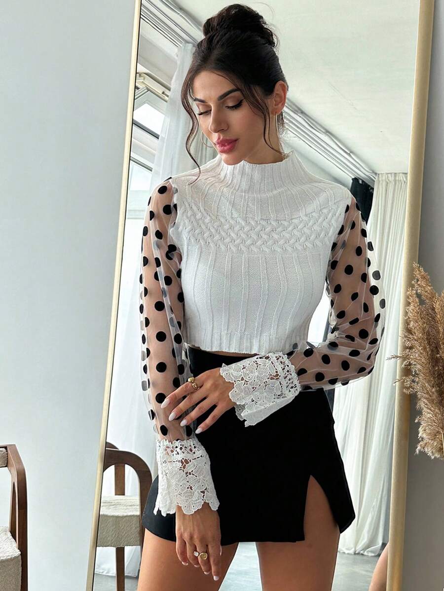 SHEIN Privé 女士休闲拼色圆点网眼蕾丝边针织毛衣，秋季