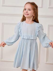 Cozy Pixies Young Girl Solid Color Round Neck Ruffled Lantern Sleeve Waist Cinched Dress - Blue - View 1
