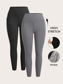 SHEIN EZwear 2件套瑜伽裤收腹高腰跑步紧身裤带口袋 - 彩色 - 查看 1