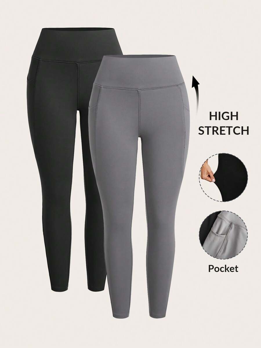 SHEIN EZwear 2件套瑜伽裤收腹高腰跑步紧身裤带口袋 - 彩色 - 查看 1