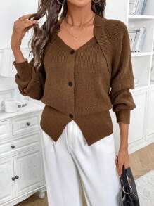 SHEIN Clasi 女士棕色 2 合 1 拼布 V 领纽扣毛衣夹克 - 棕色 - 查看 6