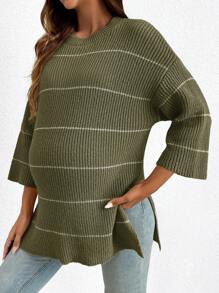 SHEIN Maternity Casual Colorblock Striped Side Slit Long Sleeve Sweater, Sweater For Fall/Winter - Multicolor - View 6