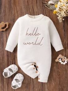 Pasgeboren babymeisjes romperset, modieuze eenvoudige lettergeborduurde trui met lange mouwen en lange broek, zachte gebreide jumpsuit