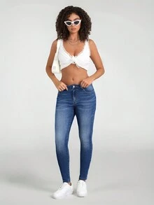 SHEIN EZwear Quần jean ôm vừa vặn cạp thấp thông thường dành cho nữ - Màu xanh lam - Xem 3