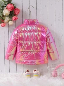 SHEIN 1pc Young Girls Casual Cute Pink Stitched Holographic Patch Zipper Coat Winter Warm - Pink - View 2