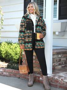 SHEIN LUNE Plus Size Fall Clothes Button-Up Full Graphic Print Fashionable Women Coats Winter Coat Fall Jackets Fall Women Clothes Plus - Multicolor - View 5