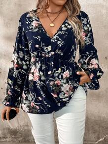 EMERY ROSE Camisa de talla grande con estampado floral todo sobre para otoño, top con volante
