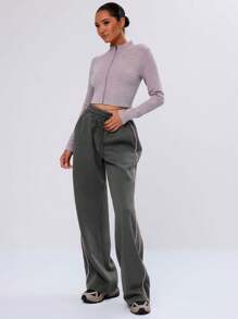 MUSERA 宽松阔腿撞色包边运动裤，适合度假、机场休闲、冬季穿着 - 深灰色 - 查看 2