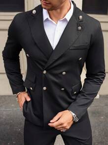 Manfinity Mode Men's Lapel Button Long Sleeve Elegant Business Formal Blazer - Black - View 3