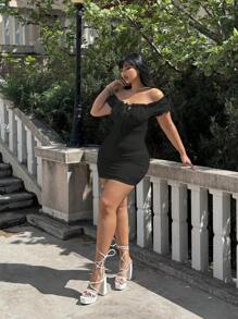 Sunnyshic Plus Size Solid Color Off-Shoulder Dress With Chest Pleats, Knitting Jacquard Fabric, Summer Vacation Beach Outfits Women