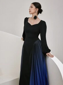 Modelyn Women's Elegant Contrast Color Pleated Sweetheart Neck Long Sleeve Dress Long Evening Dresses - Black - View 3