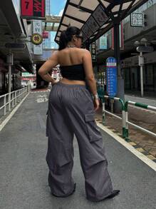 Flirla Plus Size Women's Drawstring Waist Baggy Black Cargo Pants - Grey - View 2