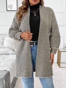 SHEIN LUNE Plus Size Casual Diamond Pattern Stripe Pattern Loose Versatile Autumn Cardigan Without Buttonsbusiness Casual Woman, Holiday Outfits, Country Tops, For Winter - Coffee Brown - View 6