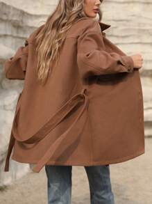 EMERY ROSE Women 1pc Autumn Casual Solid Color Shirt-Style Overcoat With Belt, Fall Clothes - Coffee Brown - View 2