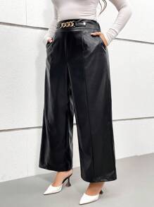 SHEIN Clasi 大码休闲金属装饰阔腿裤 - 黑色 - 查看 3