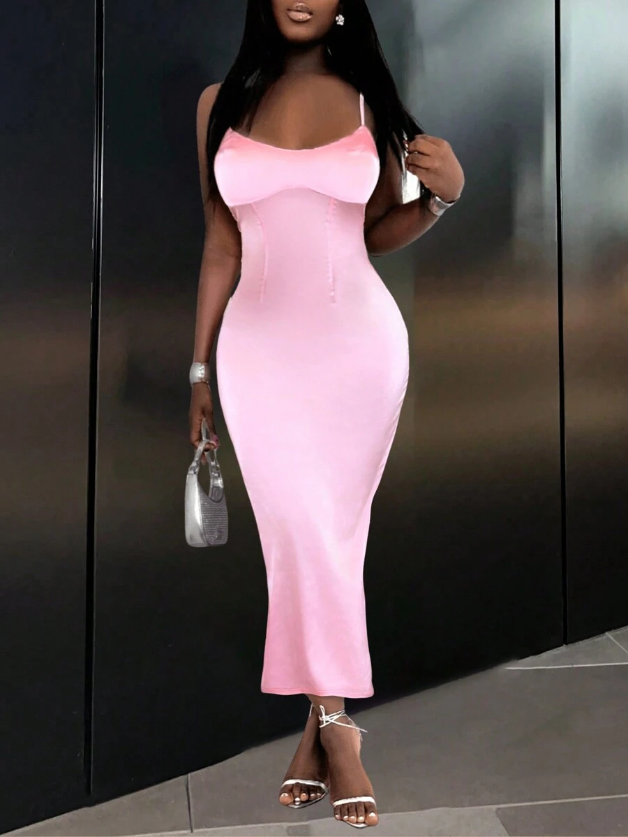 Slaydiva New Sexy & Elegant Pink Spaghetti Strap Prom Dress, Minimalistic Pink Evening Gown - Pink - View 1