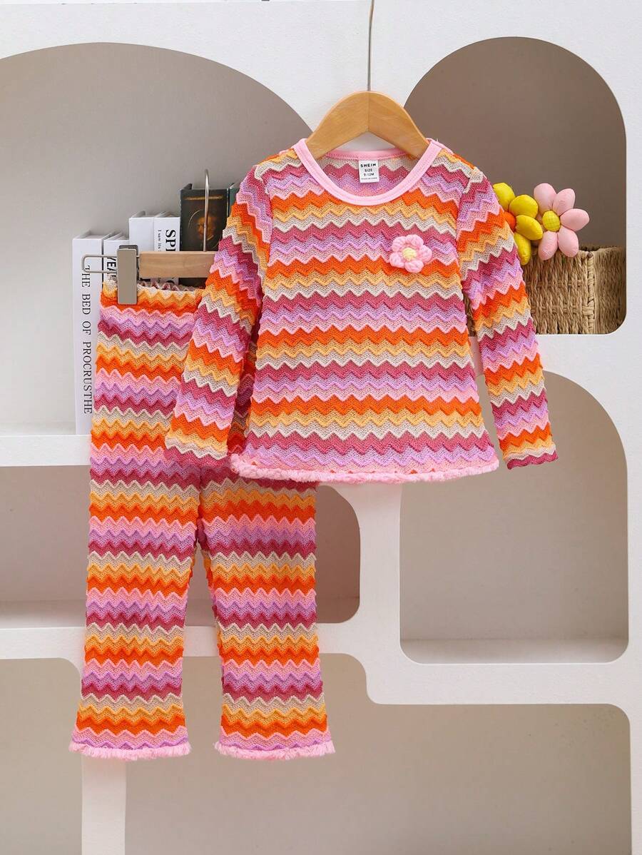 2pcs Baby Girls Fashionable Striped Tassel Decor Long Sleeve Top And Pants Set, Spring/Fall