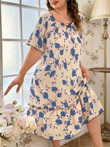 CottageSlumber Camisón de mujer talla grande con estampado floral arrugado, volantes y manga corta holgada, para vacaciones