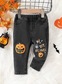 SHEIN 女婴南瓜图案保暖内衬黑色牛仔裤，抓绒加厚服装高弹牛仔裤，秋冬装，万圣节装 - 深灰色 - 查看 1