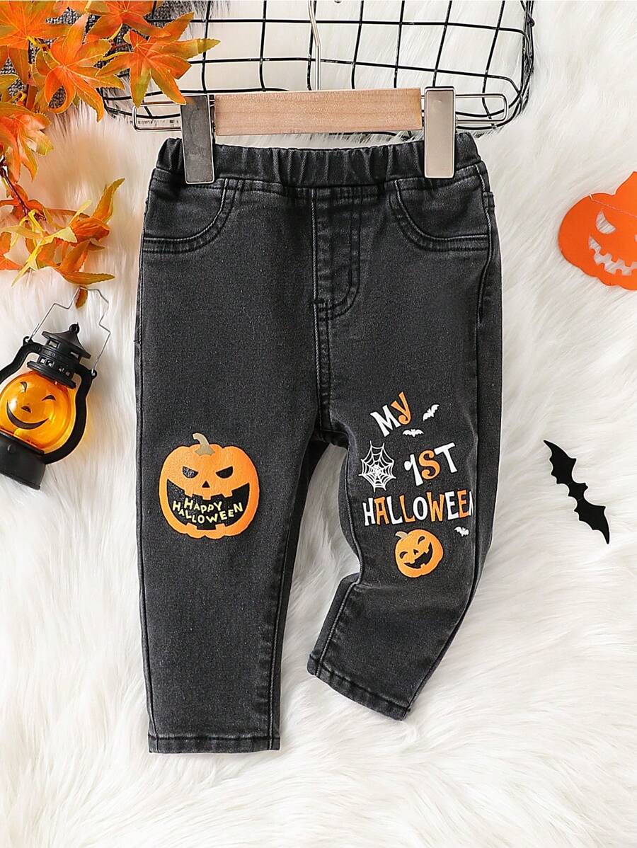 SHEIN 女婴南瓜图案保暖内衬黑色牛仔裤，抓绒加厚服装高弹牛仔裤，秋冬装，万圣节装 - 深灰色 - 查看 1
