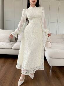 Modelyn 女士春秋立领长袖优雅蕾丝连衣裙 - 米色 - 查看 6