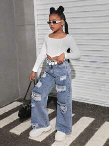 SHEIN Jeans anchos de pierna ancha con efecto desgastado, rasgado y desteñido de moda para niñas preadolescentes, estilo Y2K, para otoño, homecoming, conciertos - Azul lavado medio - Ver 6
