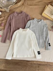 SHEIN 3pcs Solid Color Round Neck Letter Print Fitted Casual T-Shirts Set For Young Girls - Multicolor - View 1