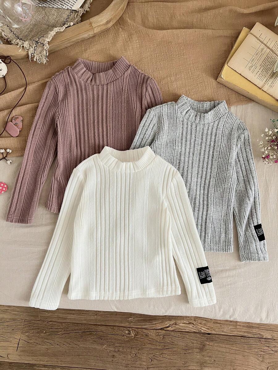 SHEIN 3pcs Solid Color Round Neck Letter Print Fitted Casual T-Shirts Set For Young Girls - Multicolor - View 1