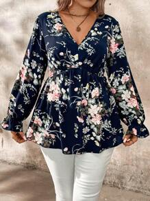 EMERY ROSE Camisa de talla grande con estampado floral todo sobre para otoño, top con volante