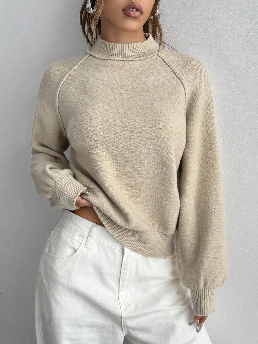Flirla Women's Solid Color Stand Collar Casual Long Sleeve Sweater, Knit Pullover Fall Winter - Apricot - View 1