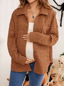 SHEIN Maternity Fall/Winter Jacket, Triangular Pattern Button Pocket Solid Color Maternity Jacket - Coffee Brown - View 1