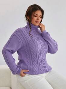 EURMUSE Turtleneck Cable Knit Drop Shoulder Sweater - Lilac Purple - View 3