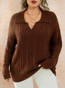 Calvaya Plus Size Casual Solid Color Dropped Shoulder Loose Knitted Sweater, Autumn & Winter Fall - Brown - View 1