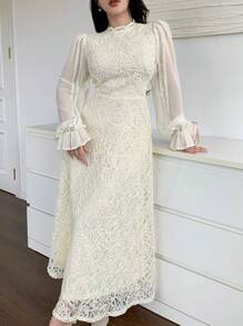 Modelyn 女士春秋立领长袖优雅蕾丝连衣裙 - 米色 - 查看 3