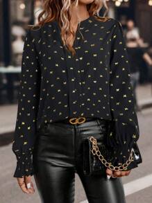 EMERY ROSE Women's Spring/Fall V-Neck Long Sleeve Elegant Blouse With Foil Butterfly Print - Black - View 3